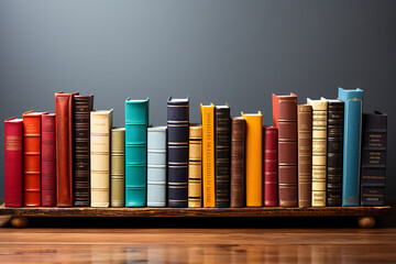 Row of books on wooden table against dark background. Education concept.