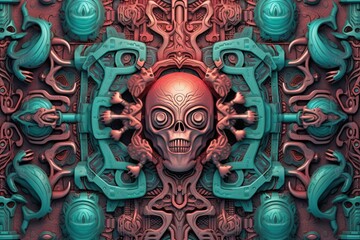 an abstract image of a skull surrounded by ornate designs