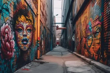Fotobehang an alley with colorful graffiti on the walls © AberrantRealities