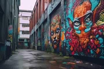 an alley with colorful graffiti on the walls