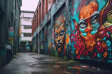 Fotobehang an alley with colorful graffiti on the walls © AberrantRealities