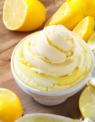  lemon ice cream with creative presentation, on blue background. Perfect for summer. Generative AI