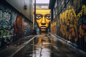 an alley with graffiti on the wall and a face painted on the wall