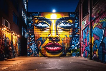 an alley with graffiti on the wall and a womans face painted on the wall