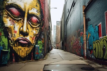 an alley with graffiti on the walls and a face painted on the wall