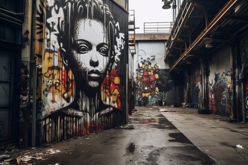 an alley with graffiti on the walls and a womans face on the wall