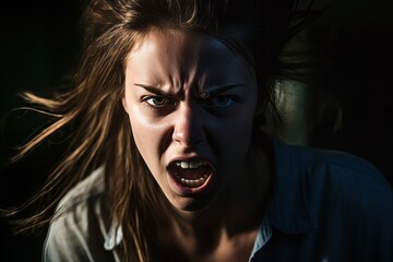 an angry woman with her mouth open in a dark room