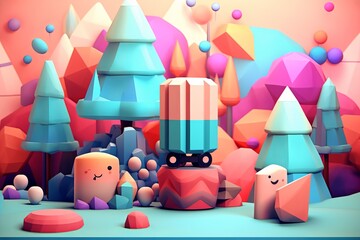 Obraz na płótnie Canvas an animated 3d illustration of a colorful landscape with trees mountains and other objects