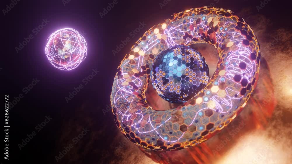 Poster loop 3d animation. abstract geometric figure of a set of hexagons. a torus of metal segments and a s