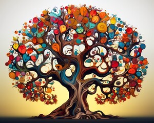 an artistic illustration of a tree with many different colored leaves