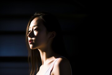 an asian woman in a white tank top standing in the dark