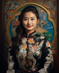 an asian woman in an oriental dress sitting in front of a painting