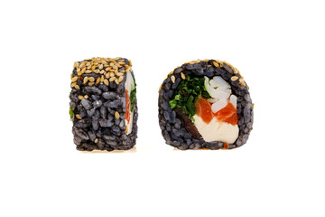 black rice rolls with salmon on white background for food delivery website menu 7