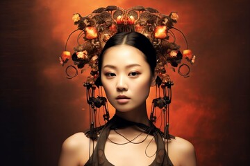 an asian woman wearing a headdress with flowers on it
