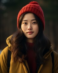 an asian woman wearing a red beanie