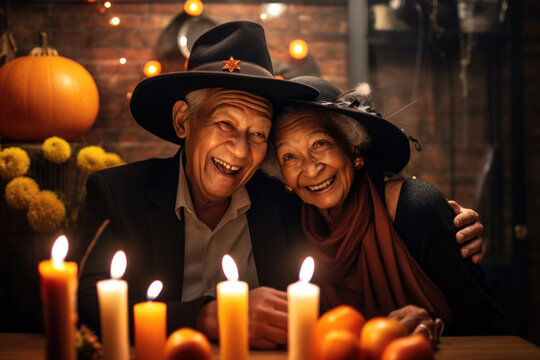 Portrait Of Couple Of Seniors With Candles Wearing Costumes To Celebrate Halloween.