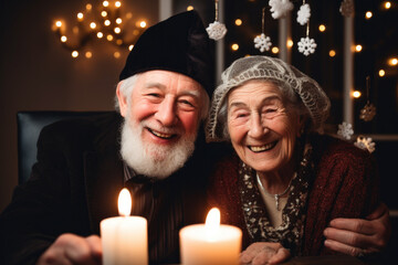 Obraz na płótnie Canvas Happy couple of seniors wearing hats celebrating winter holidays.