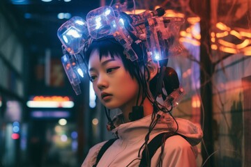 Fototapeta premium an asian woman with headphones on in a city at night