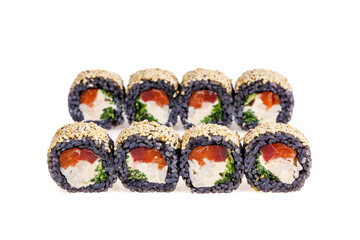 black rice rolls with salmon on white background for food delivery website menu 1