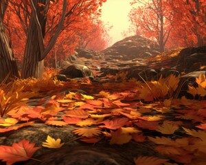 Naklejka na ściany i meble an autumn scene with trees rocks and leaves