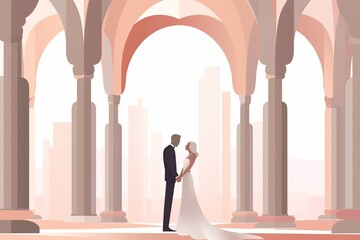 an illustration of a bride and groom standing in an archway