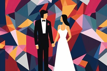 an illustration of a bride and groom standing in front of a colorful geometric background - obrazy, fototapety, plakaty