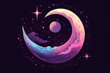 an illustration of a crescent moon with stars in the background