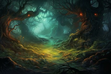 an illustration of a dark forest with trees and glowing eyes