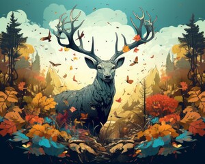 an illustration of a deer in the forest surrounded by autumn leaves