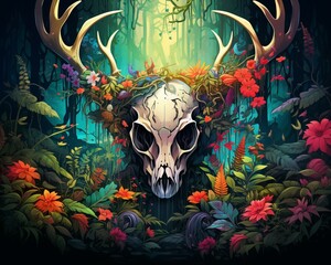 an illustration of a deer skull surrounded by flowers