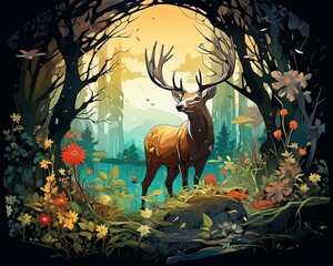 an illustration of a deer in the forest