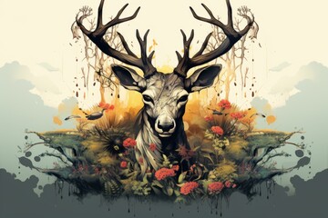 an illustration of a deer surrounded by flowers