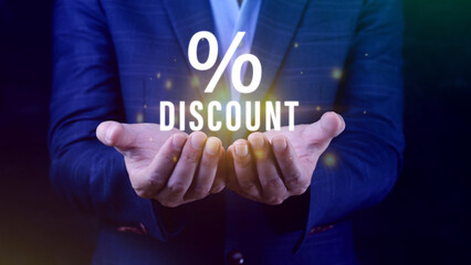 Businessman hand touching virtual percentage icon, Discount Percentage concept.