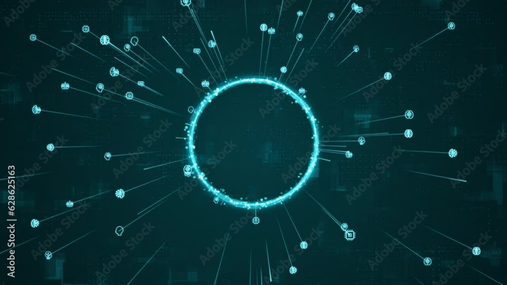 Poster motion graphic of blue digital ai icons ring rotation around logo with ai icon spread and line linke