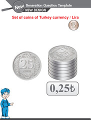The lira coin symbolised as tl concept, kurus or piastre vector color icon design, 0,01, 0,05, 1, 0,50, 0,25, 0,10 TL, editable