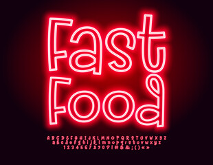 Vector electric Signboard Fast Food. Creative glowing Font. Set of Red neon Alphabet Letters, Numbers and Symbols