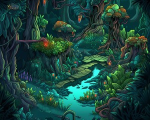 Fototapeta na wymiar an illustration of a jungle scene with trees and plants