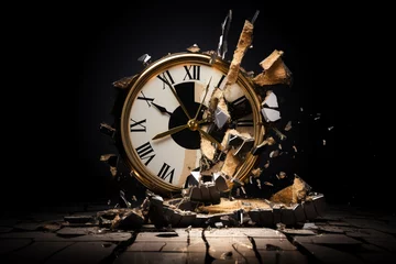 Foto op Canvas broken shattered clock on a black background, out of time concept © AI for you