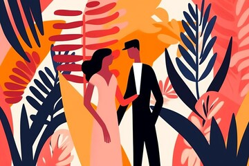 an illustration of a man and woman standing in front of tropical plants