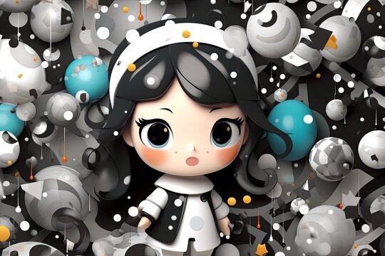 an illustration of a little girl surrounded by balloons