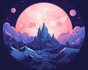 an illustration of a mountain with a pink moon in the background
