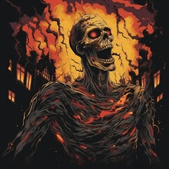 an illustration of a skeleton with flames coming out of his head