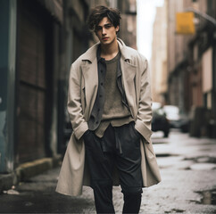 Obraz premium Latino male model wearing a long classic jacket on a city street