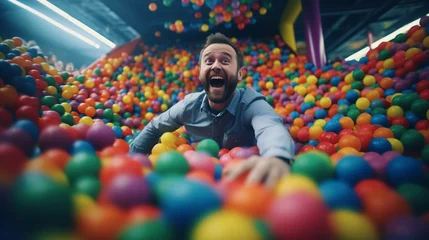 Foto op Plexiglas Amusementspark Joy Unleashed - Man Juggles Work Calls in Childlike Ball Pit Play