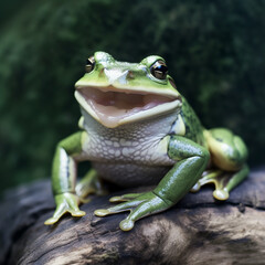 Green frog laughs, smiles, rejoices, close-up portrait, funny photo with animal pets 