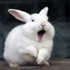 Cute white rabbit laughs, rabbit yawns, funny photo with animal pets 
