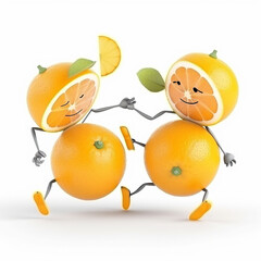 Lemon dancing with orange, cartoon style, cheerful illustration, for advertising and packaging design 