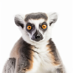 Madagascar lemur Lemur catta close-up isolated on white, cute exotic animal
