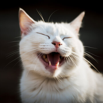 White cat laughs, smiles, rejoices, close-up portrait, funny photos with pets