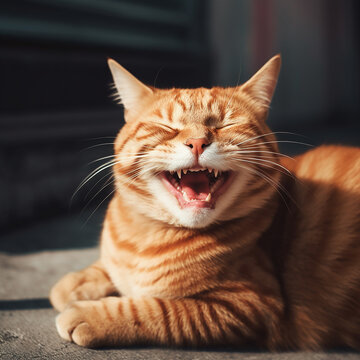 Red cat laughs, smiles, rejoices, close-up portrait, funny photos with pets